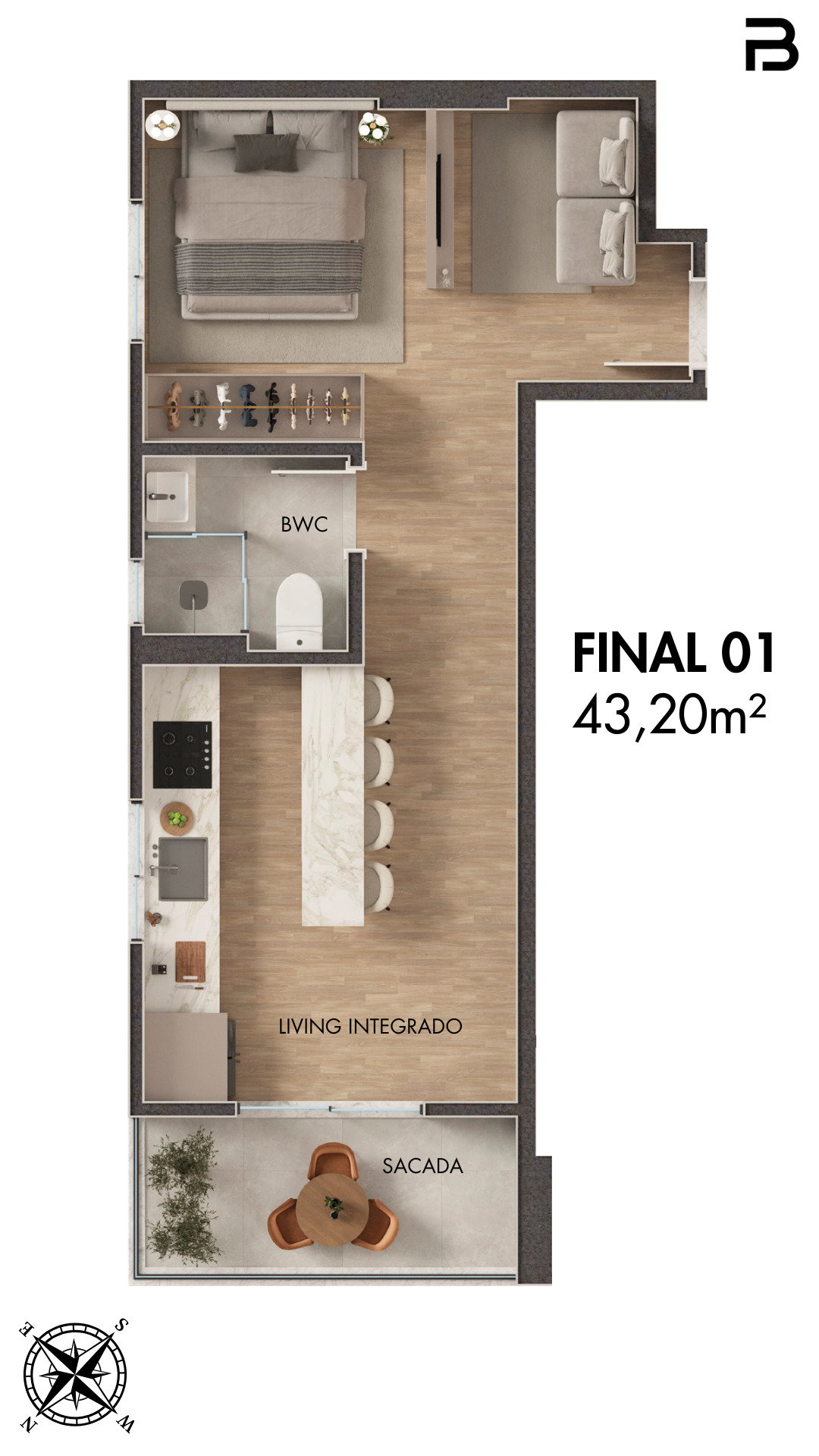 Planta Final 01, 43 m² do Breeze Towers