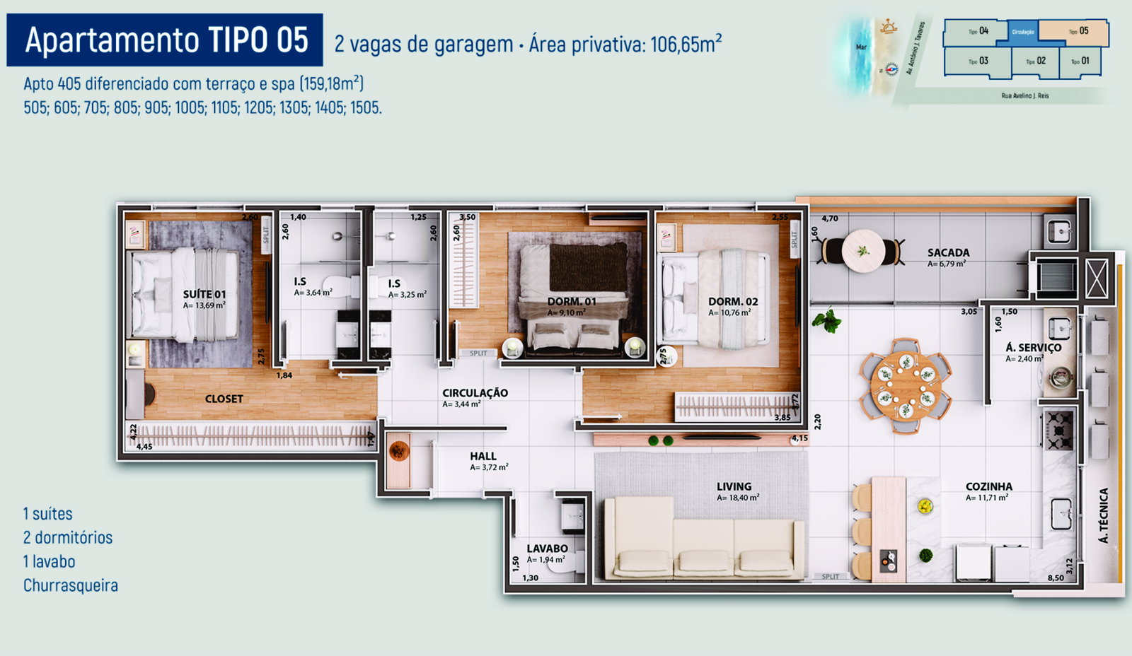 Planta Tipo 05, 3 dormitórios · 1 suíte · 107 m² do Ilha de Capri