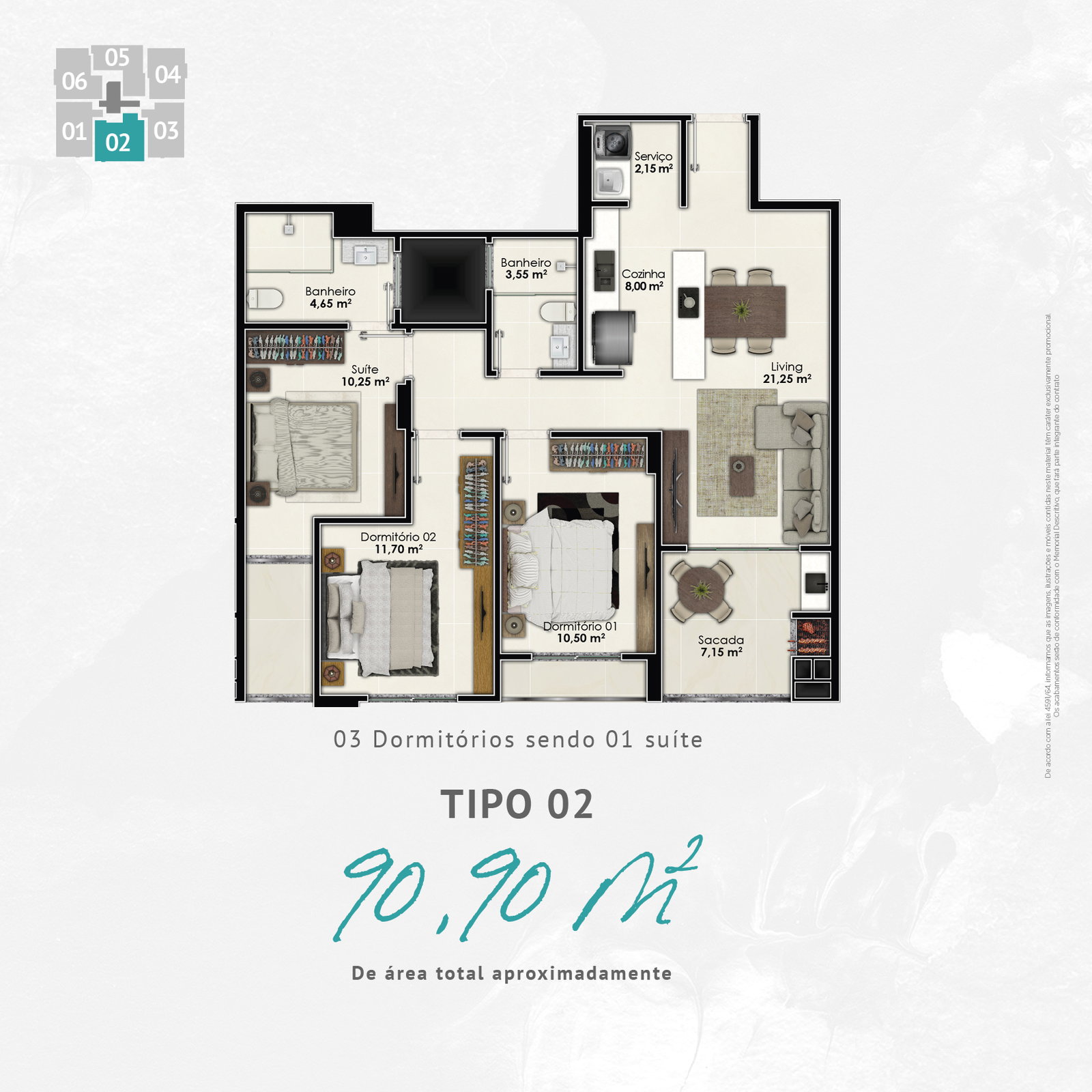 Planta Tipo 02, 3 dormitórios · 1 suíte · 91 m² do Fa Bene Residenza