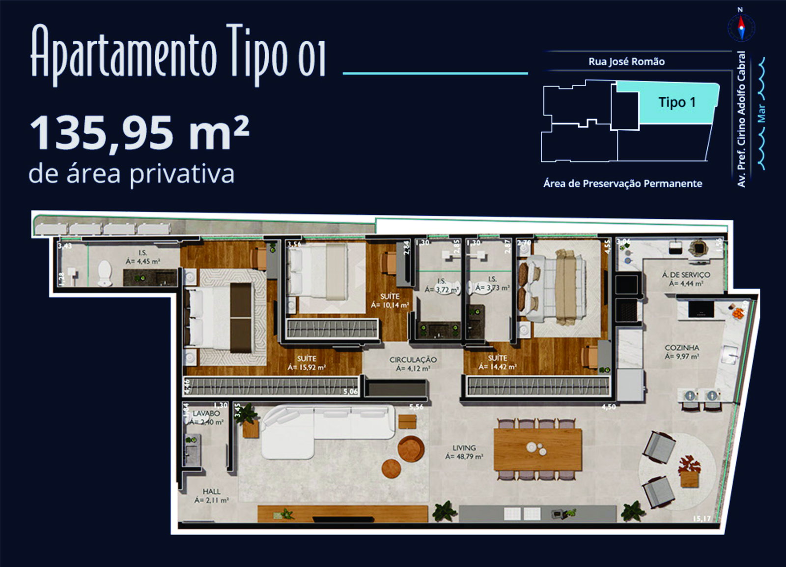 Planta Tipo 01, 136 m² do Ilha de San Blás