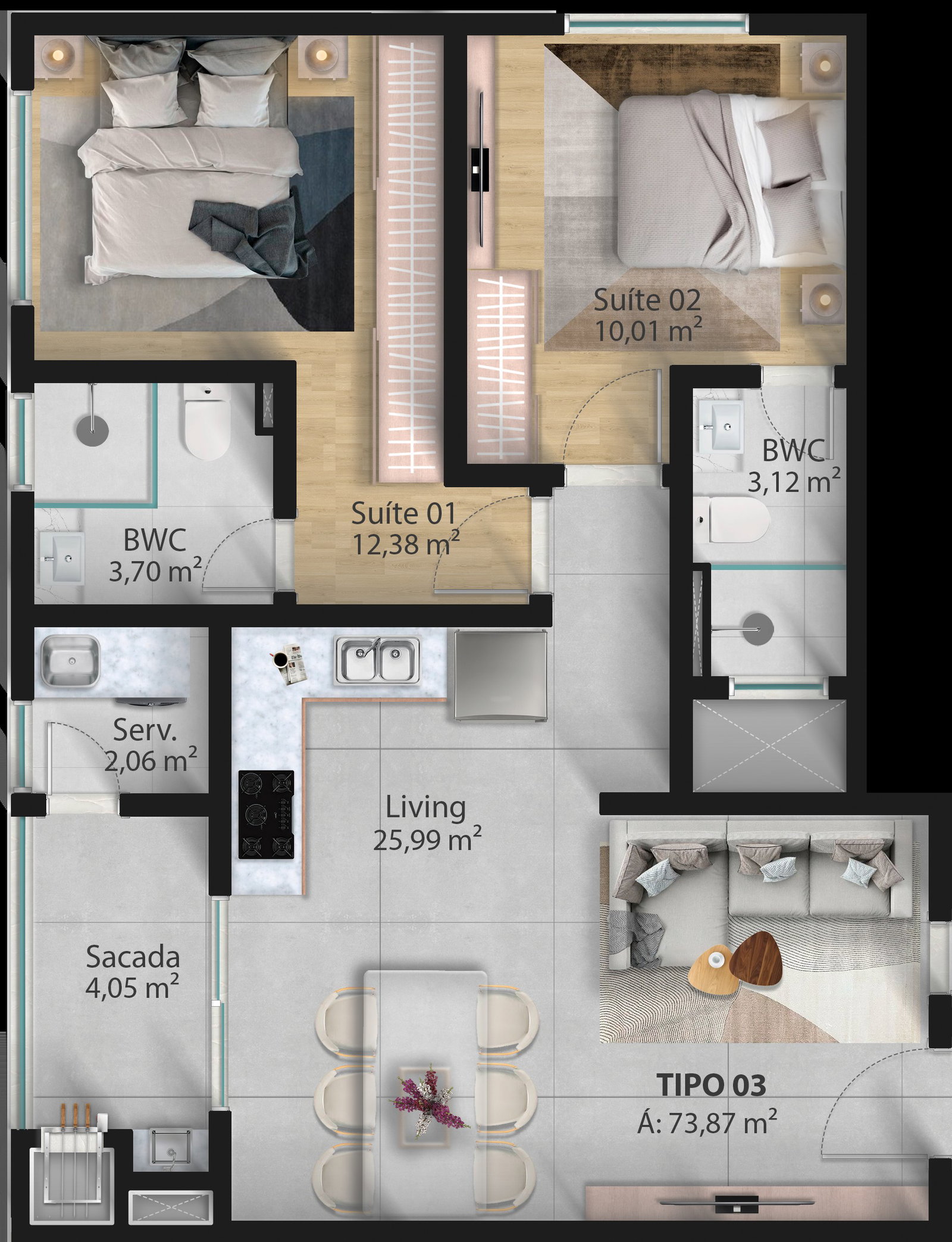 Planta Tipo 03, 74 m² do Infinity Residence