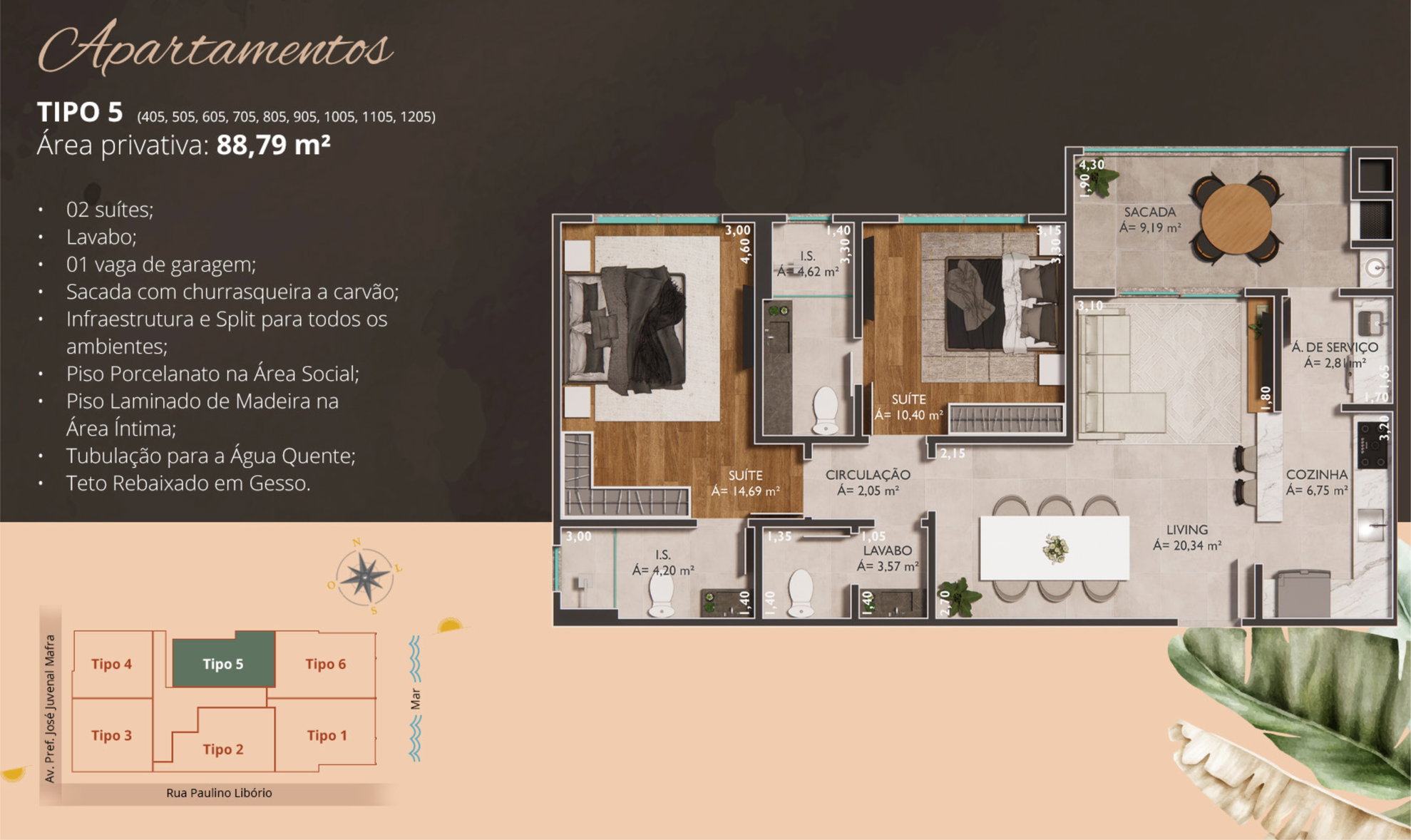 Planta Tipo 5, 2 suítes · 89 m² do Ilha de Tenerife