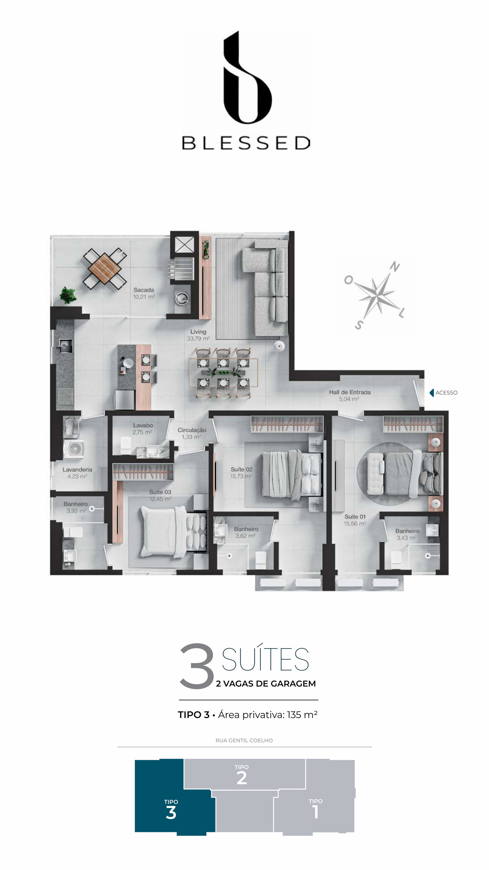 Planta Tipo 3, 3 suítes · 135 m² do Blessed