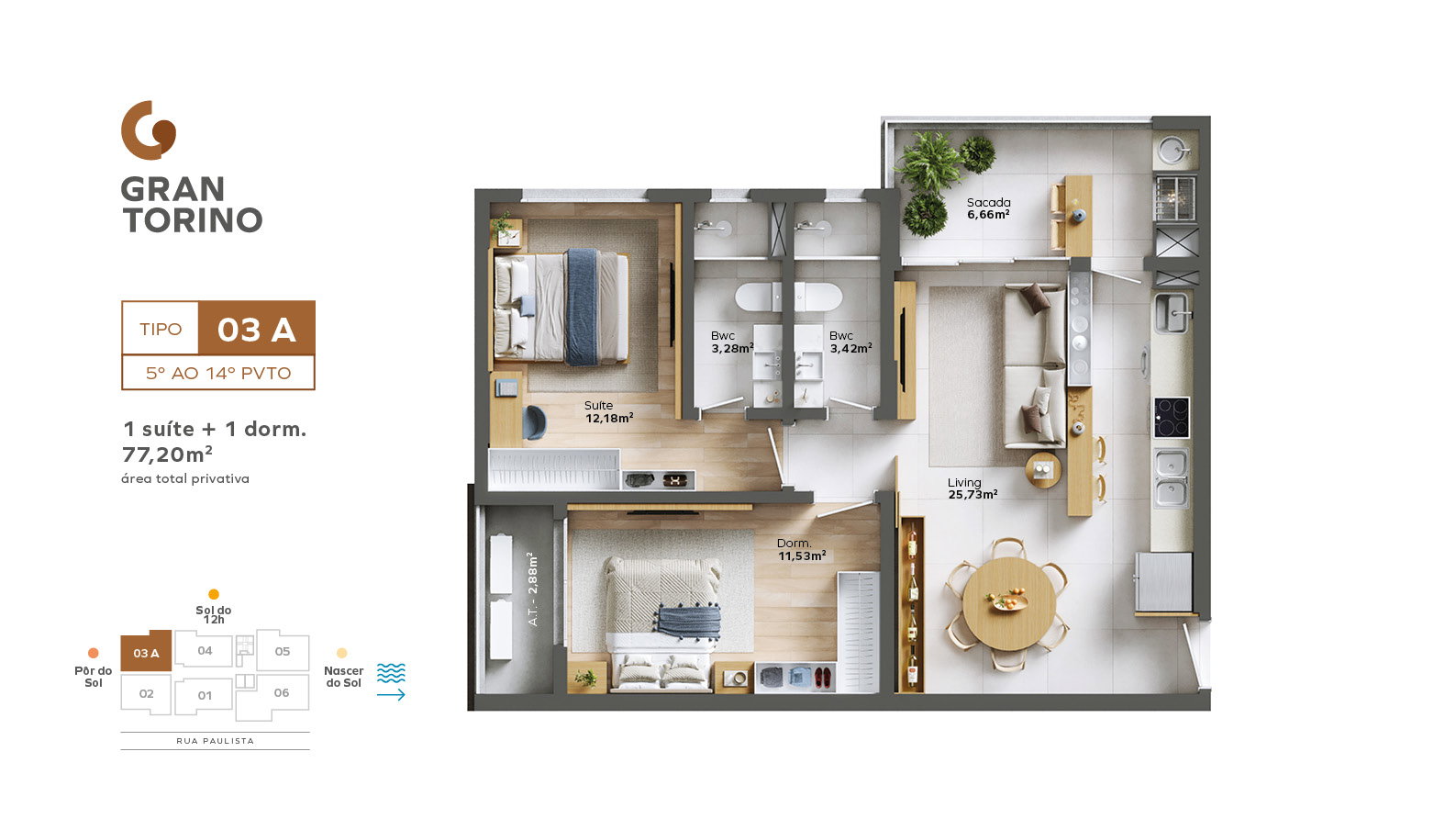 Planta Tipo 03 A, 2 dormitórios · 1 suíte · 77 m² do Gran Torino
