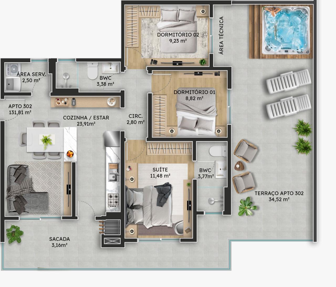 Planta Apto 302, 132 m² do Green Coast