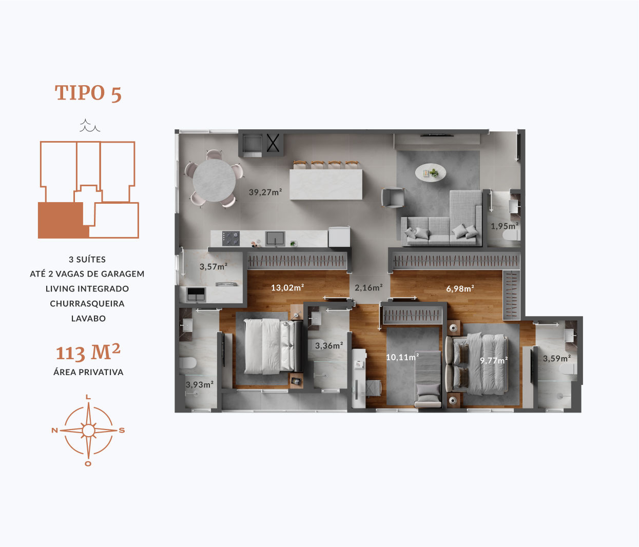Planta Tipo 5, 3 suítes · 113 m² do Amber