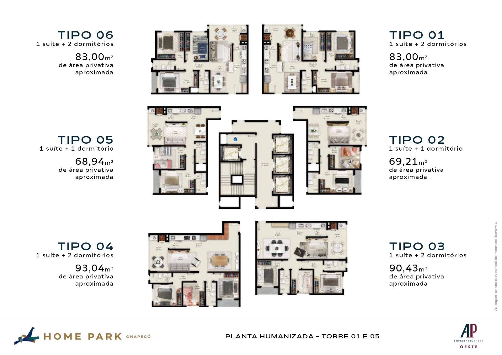 Planta Tipo 01, 3 dormitórios · 83 m² do Home Park Chapecó