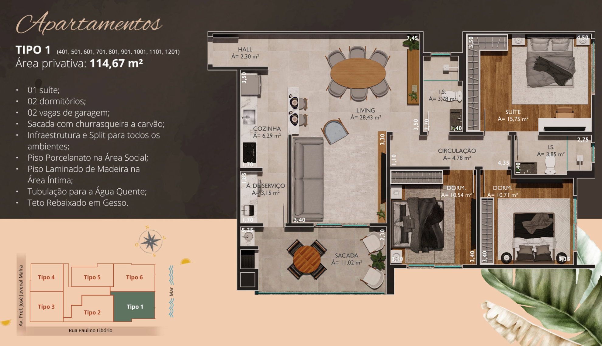 Planta Tipo 1, 3 dormitórios · 1 suíte · 115 m² do Ilha de Tenerife