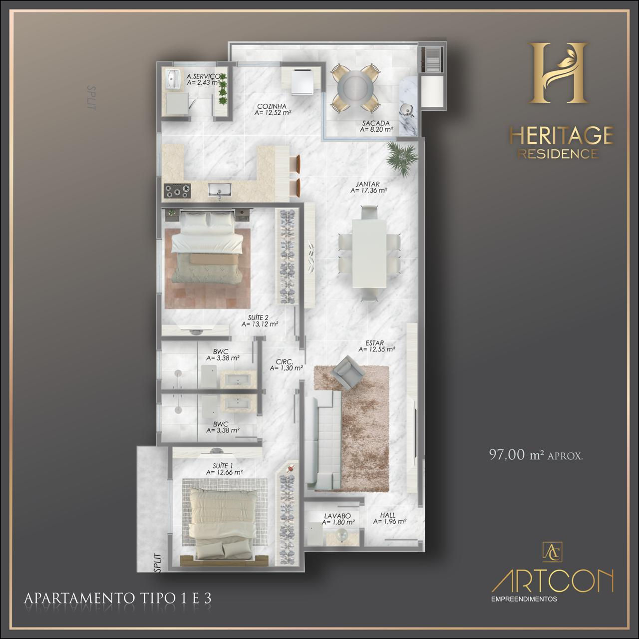 Planta Tipo 1 e 3, 97 m² do Heritage