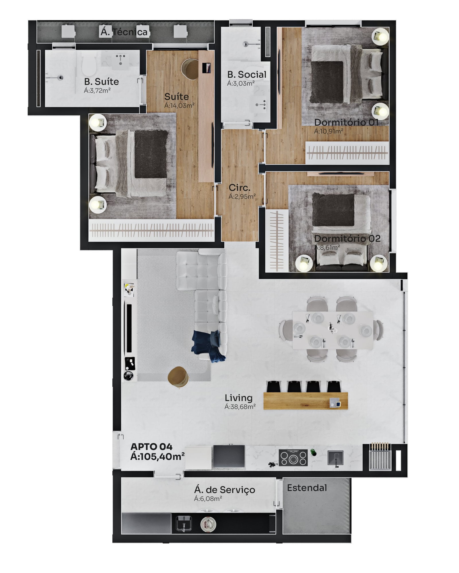 Planta Apto 04, 105 m² do Edifício Florença