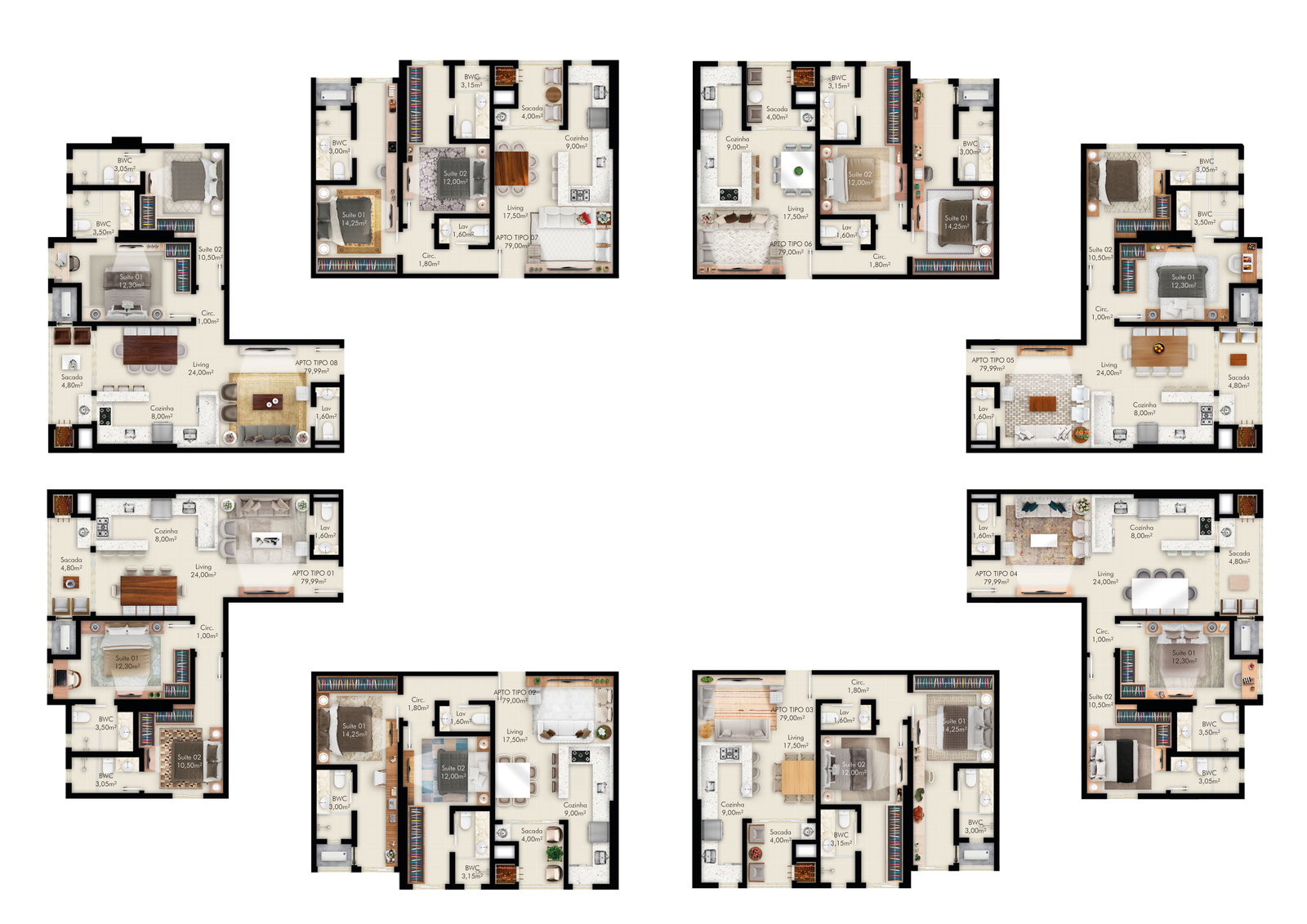 Planta Tipo 08, 80 m² do Jardins de Versalhes