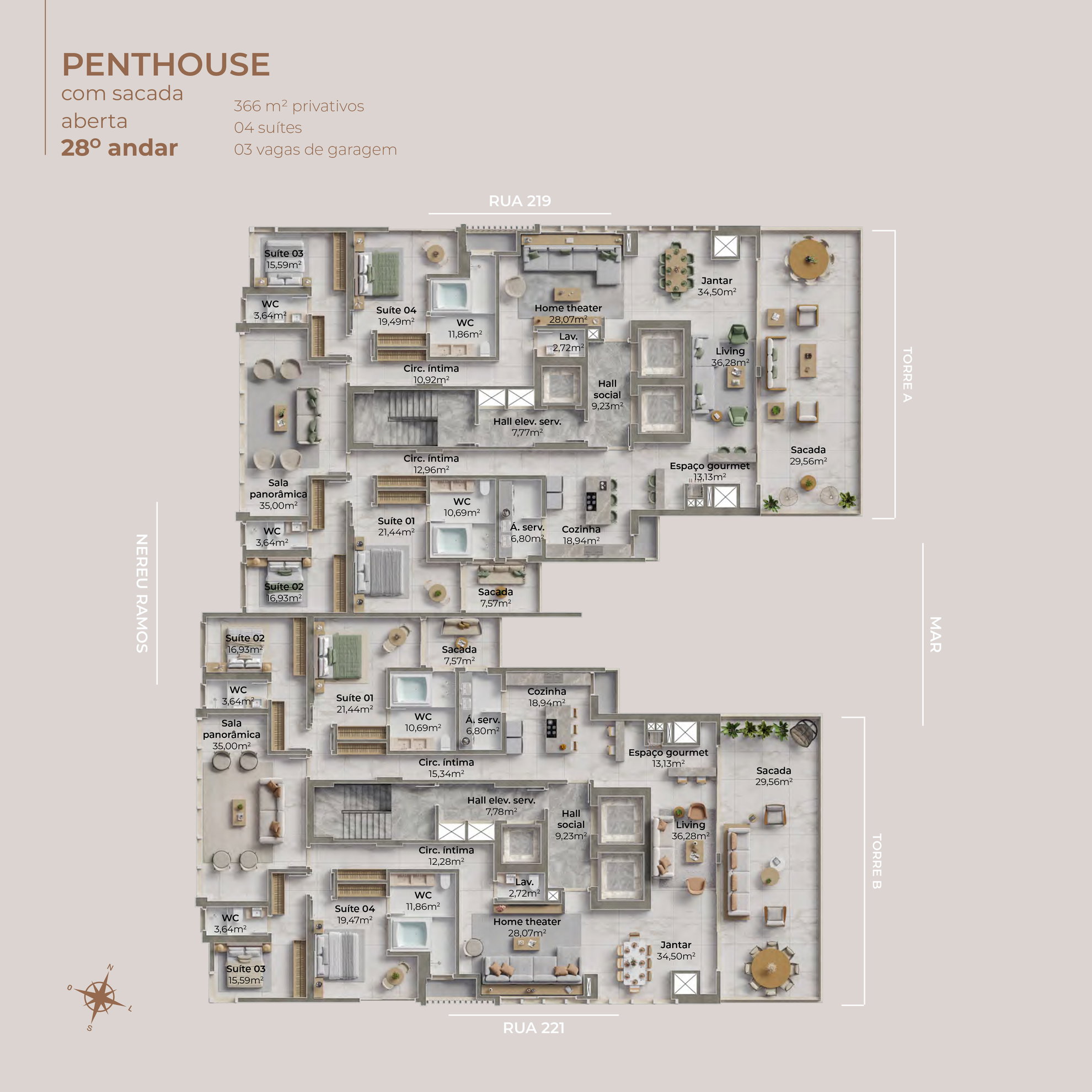 Planta Penthouse (3 de 4), 4 suítes do Enseada Residence