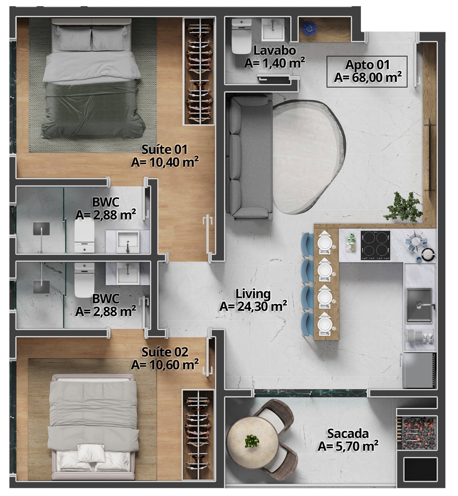 Planta Final 01, 68 m² do Costa Serenita