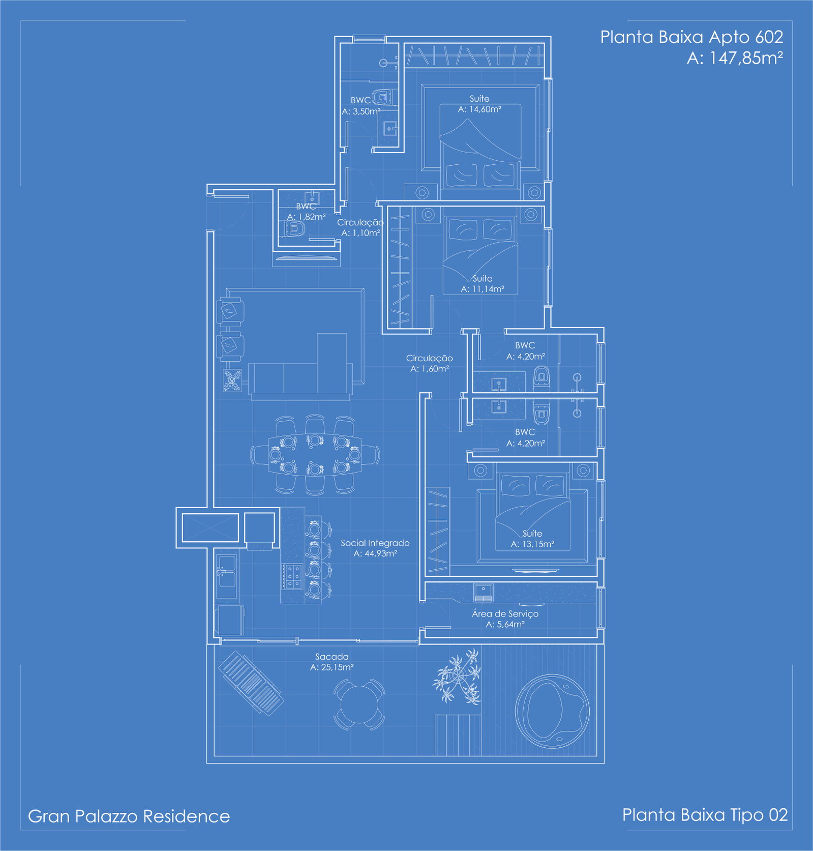 Planta Apto 602, 148 m² do Gran Palazzo