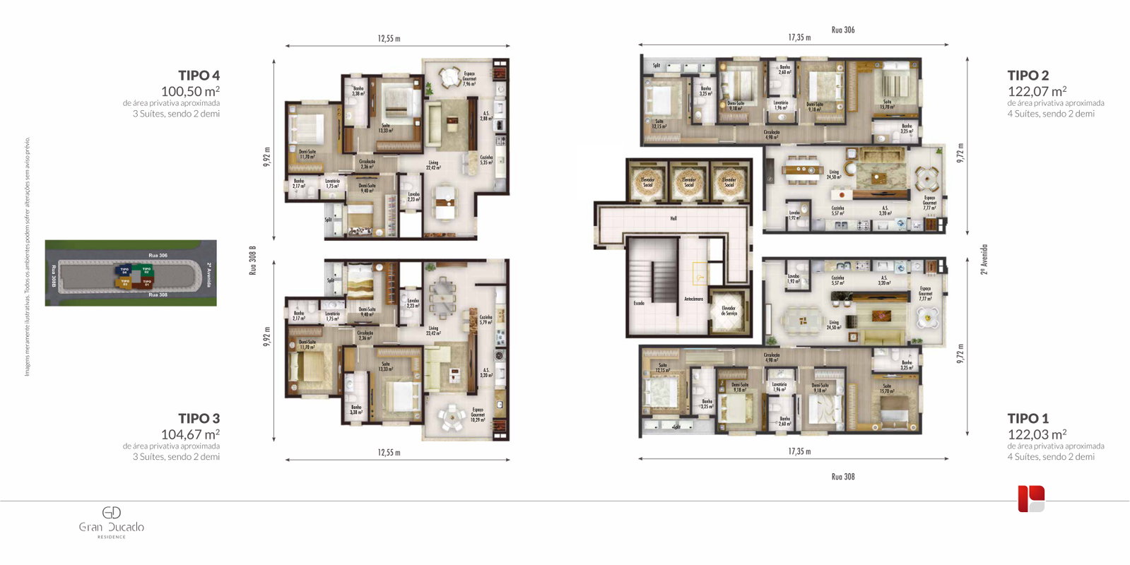 Planta Tipo 1, 4 dormitórios · 122 m² do Gran Ducado