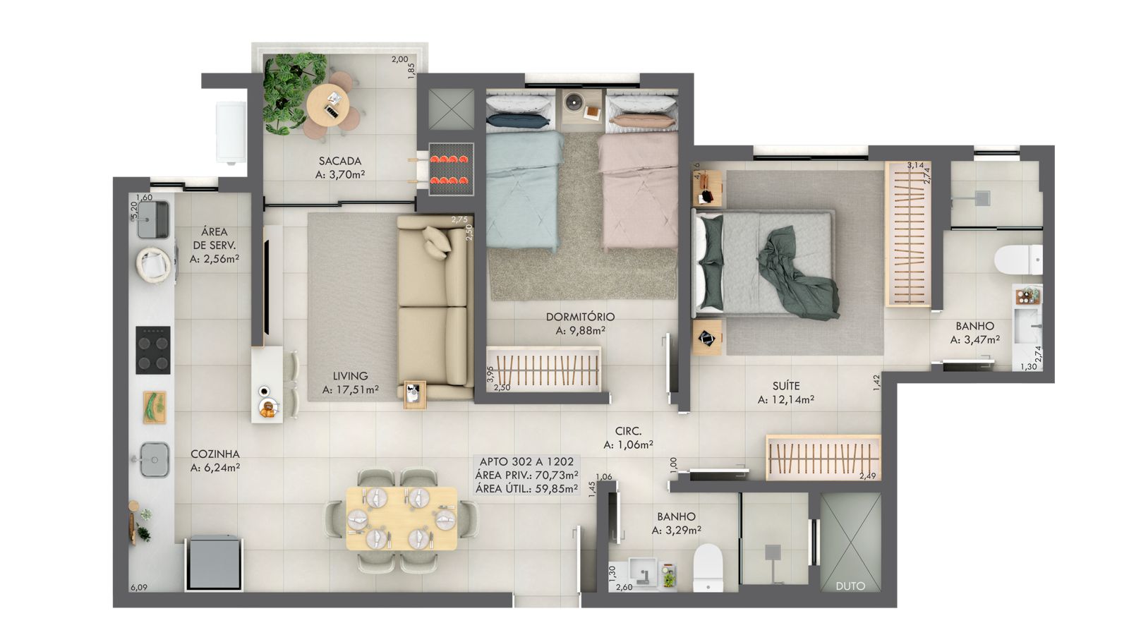Planta Apto 302 a 1202, 71 m² do Gran Michel Residence