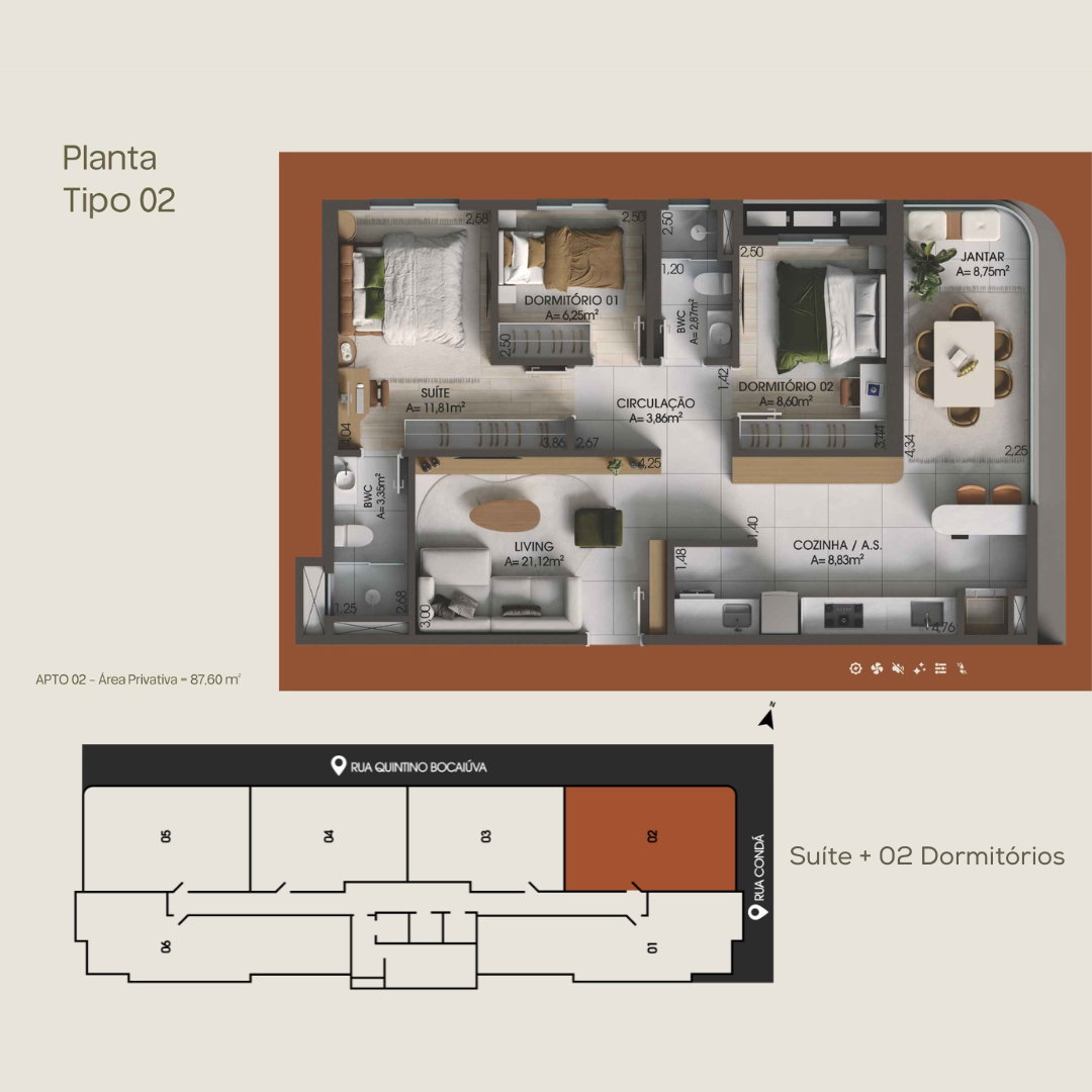 Planta Tipo 02, 3 dormitórios · 1 suíte · 88 m² do Fare