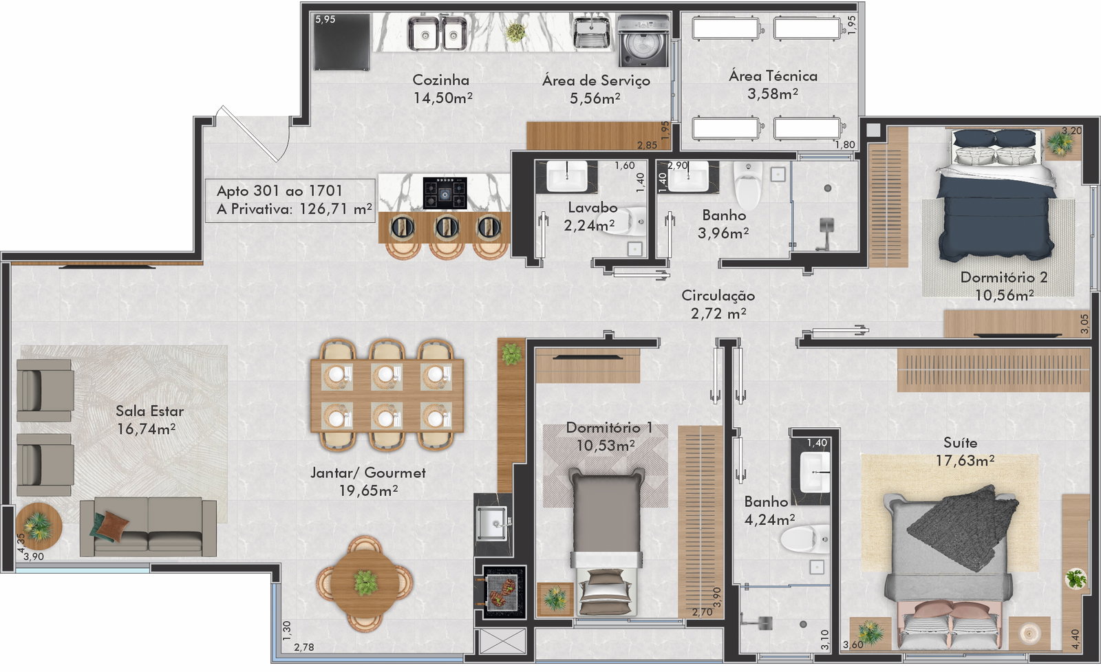Planta Apto 301 ao 1701, 127 m² do Gran Palazzo Residence