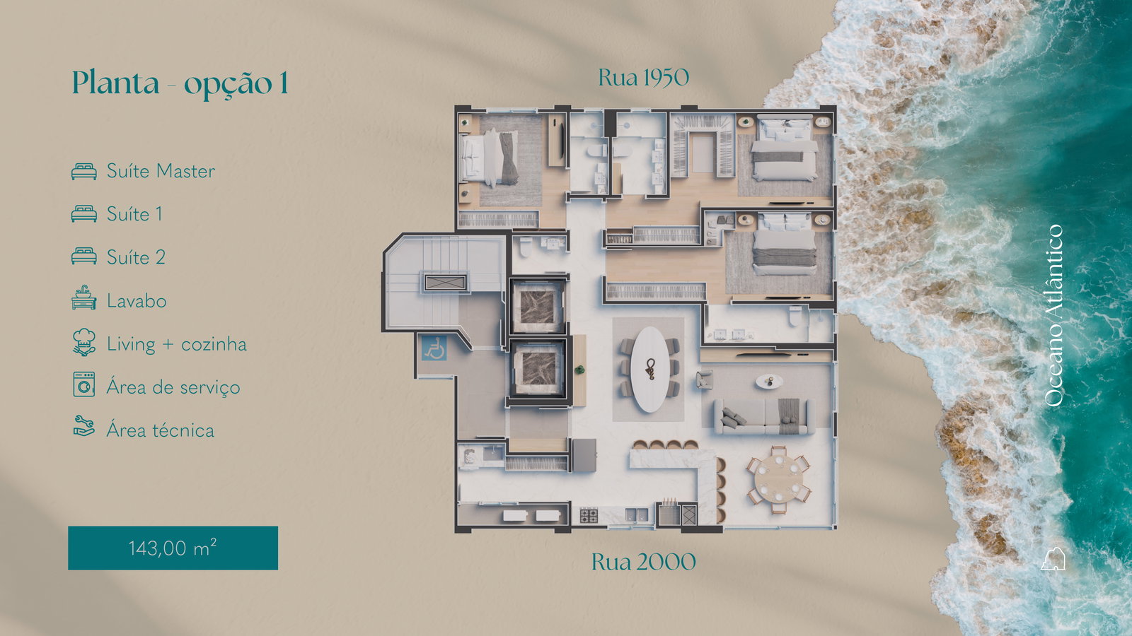Planta opção 1, 3 suítes · 143 m² do Isola di Capri