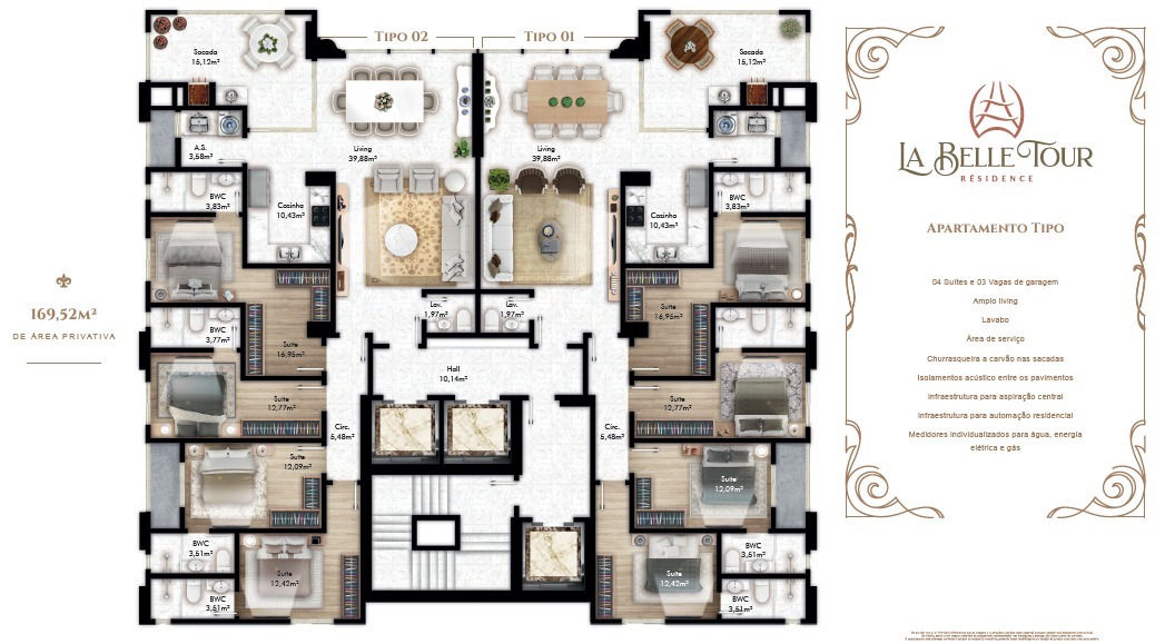 Planta Tipo, 4 suítes · 170 m² do La Belle Tour