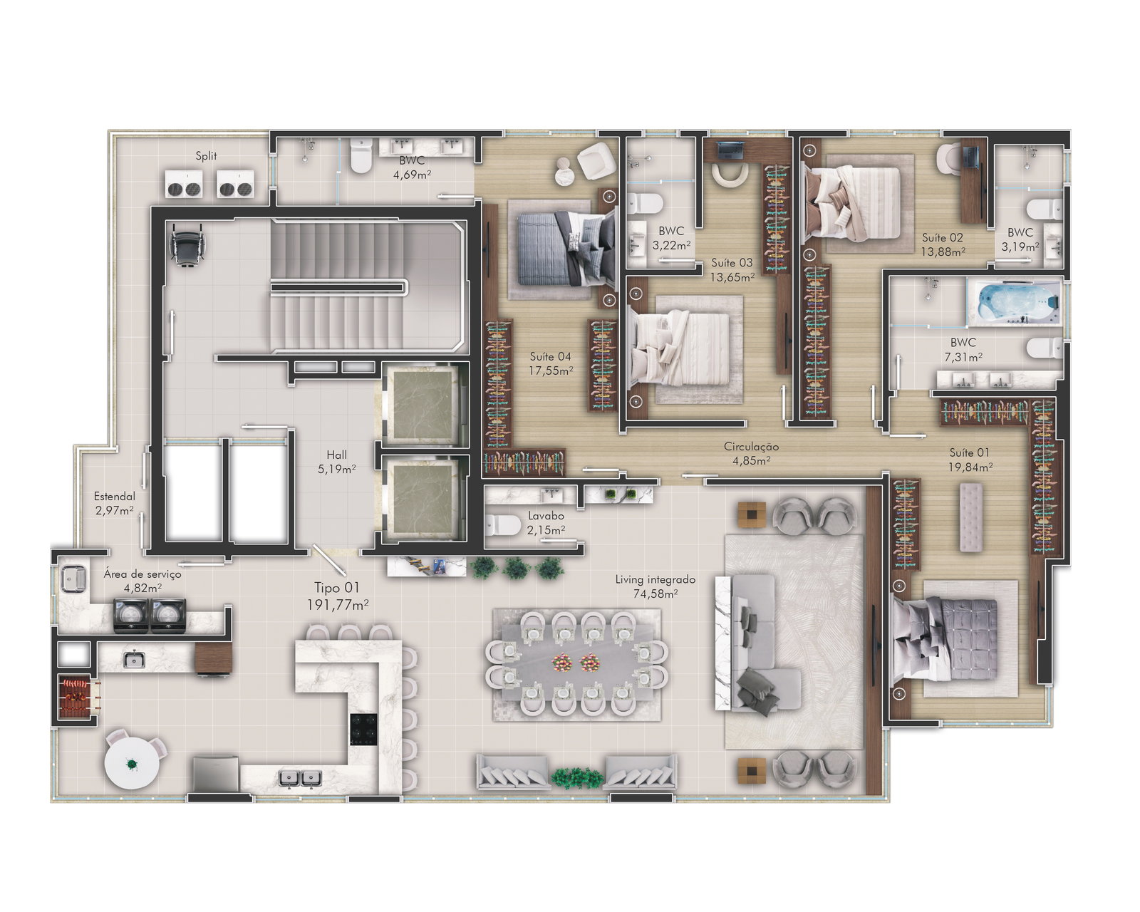 Planta Tipo 01, 192 m² do Beach Dream