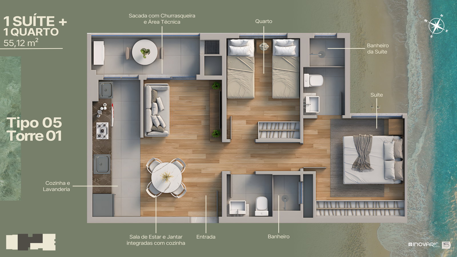 Planta Tipo 05 · Torre 1, 2 dormitórios · 1 suíte · 55 m² do Marine Itajuba