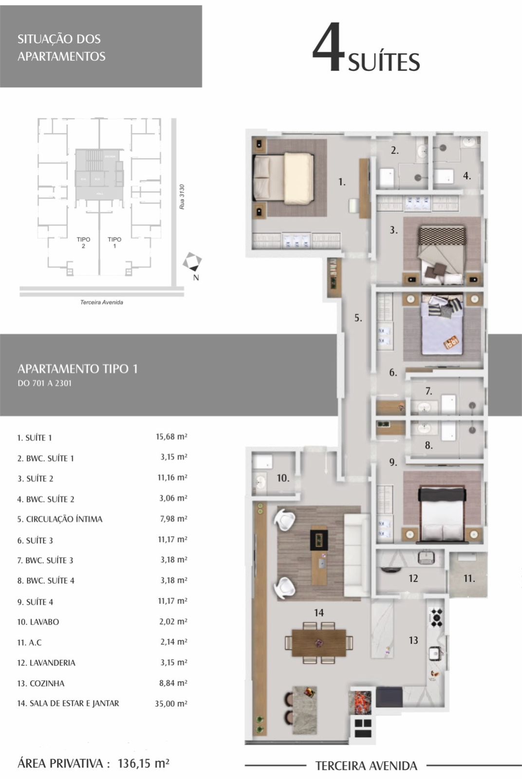 Planta Tipo 1, 4 suítes · 136 m² do Farol de Valença