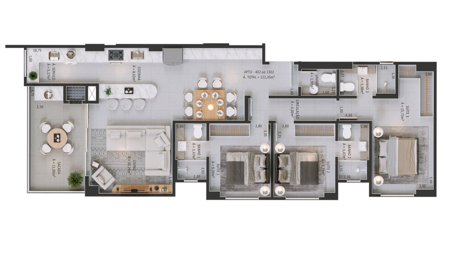 Planta Apto 402 ao 1302, 122 m² do Horizon Residence