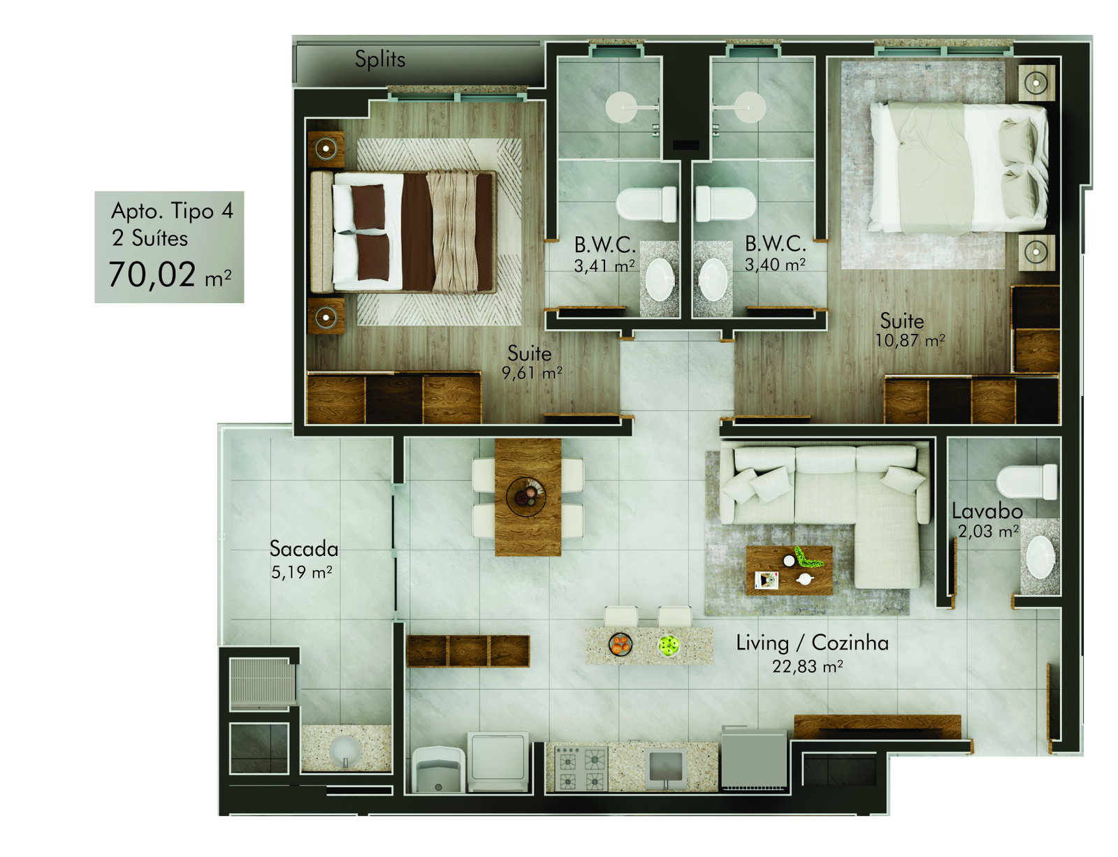 Planta Tipo 4, 2 suítes · 70 m² do Jardins de Sintra