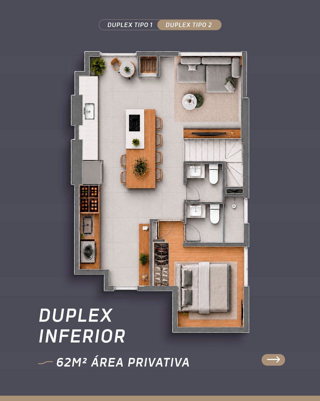 Planta Duplex Inferior, 62 m² do Flow Aptos