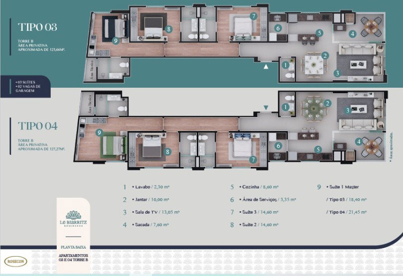 Planta Tipo 03, 2 suítes · 124 m² do Le Biarritz