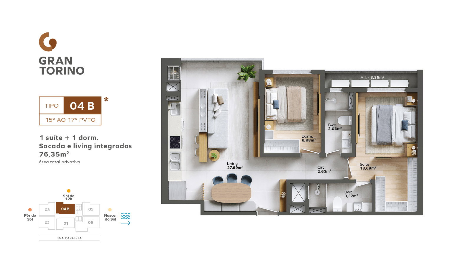 Planta Tipo 04 B, 2 dormitórios · 1 suíte · 76 m² do Gran Torino