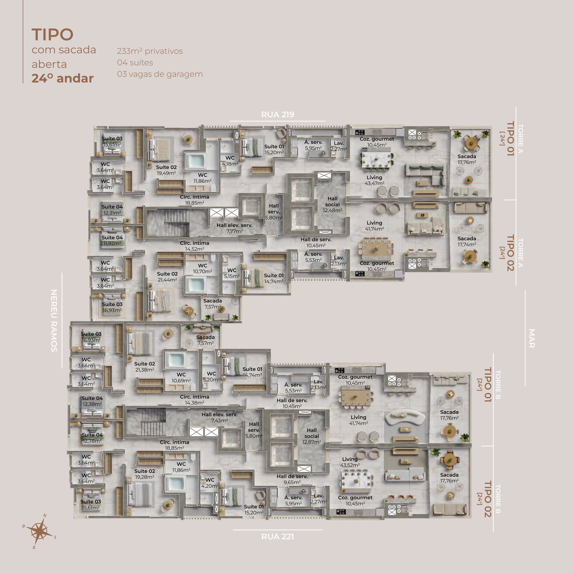 Planta Tipo, 4 suítes · 233 m² do Enseada Residence