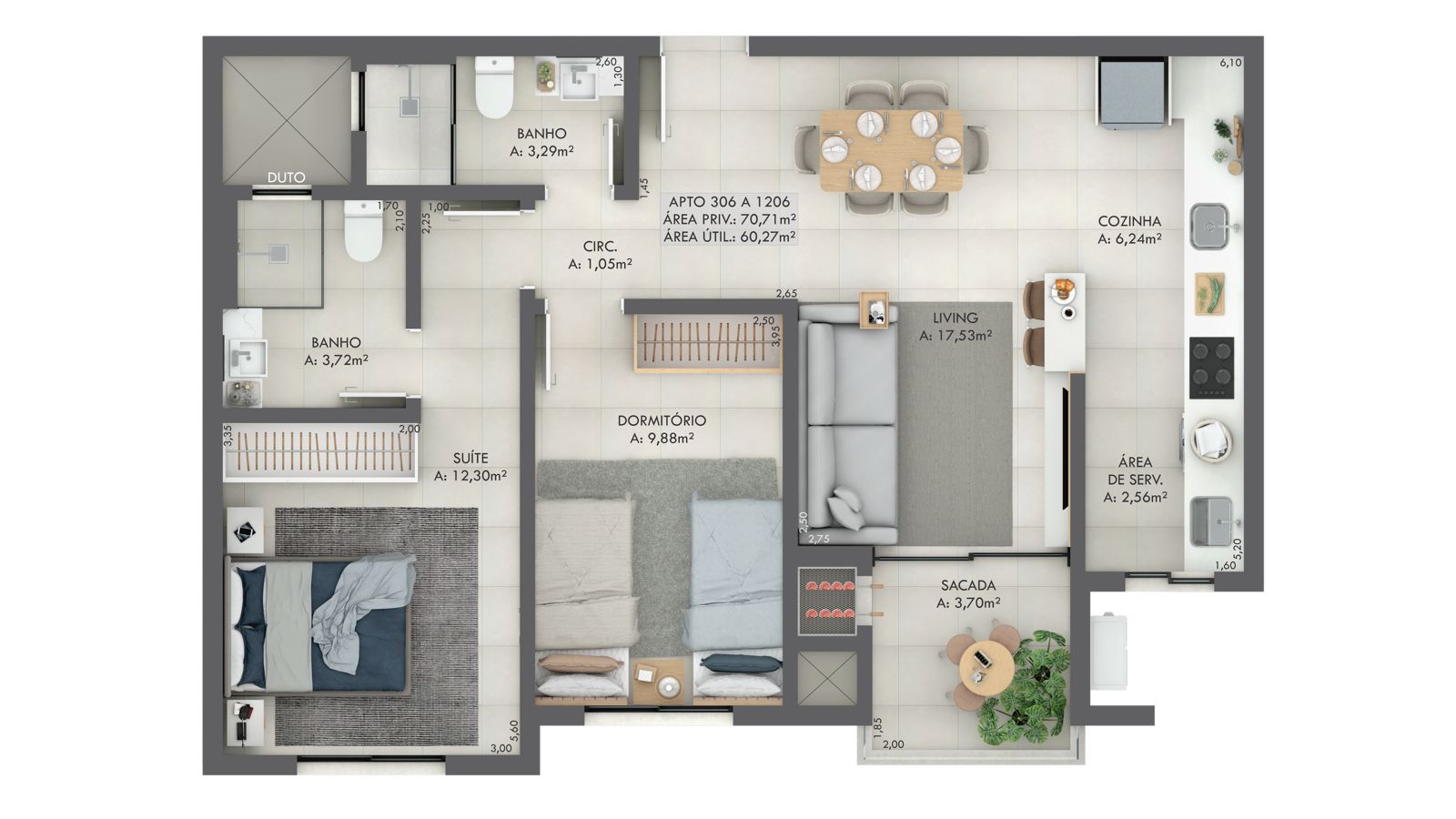 Planta Apto 306 a 1206, 71 m² do Gran Michel Residence