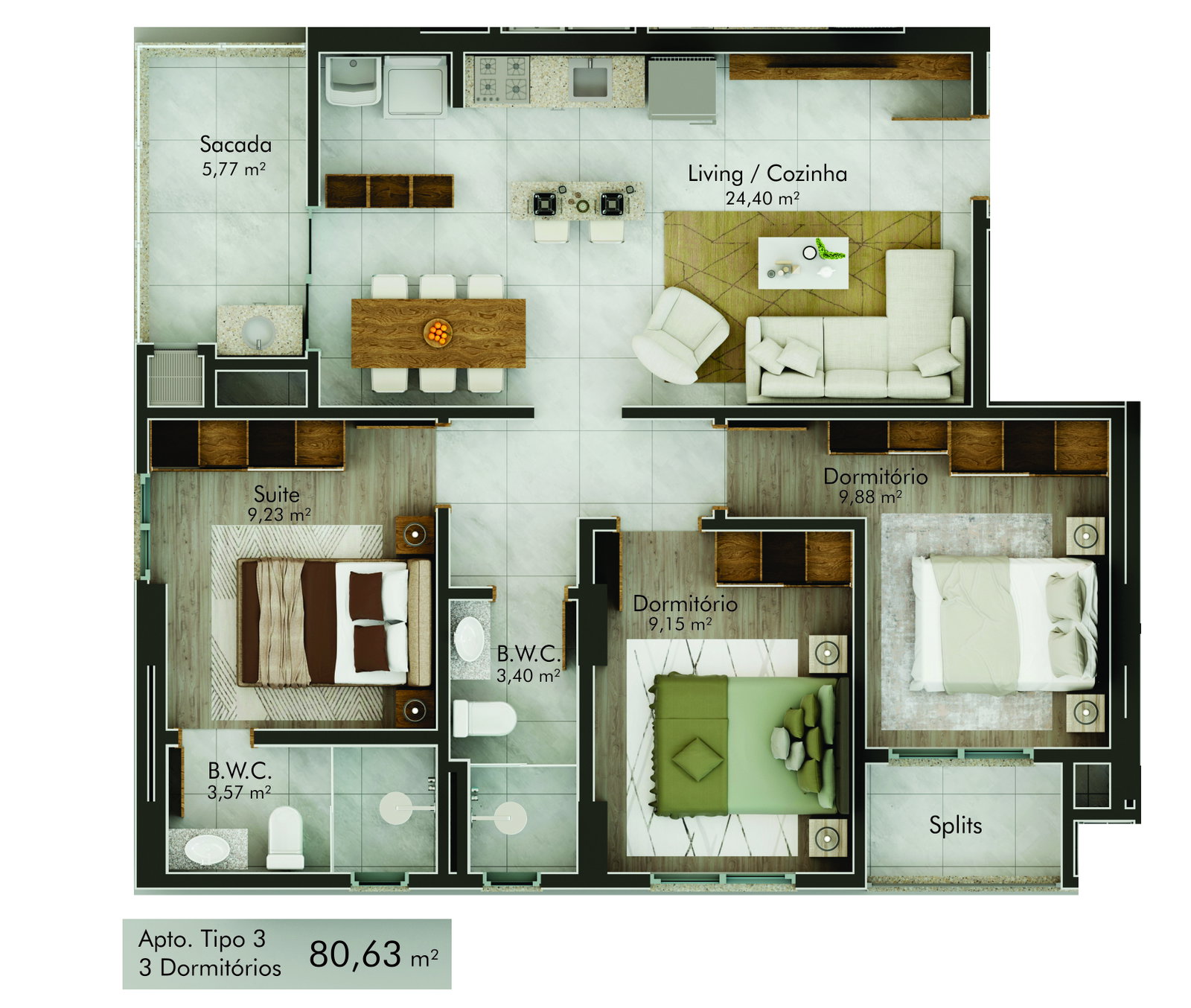 Planta Tipo 3, 3 dormitórios · 81 m² do Jardins de Sintra