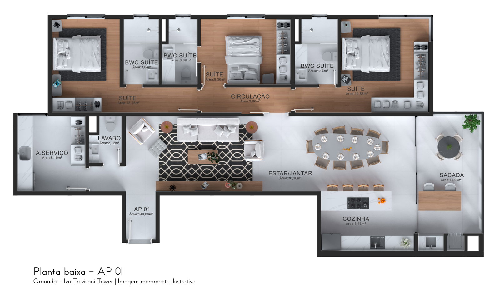Planta AP 01, 141 m² do Ivo Trevisani Tower