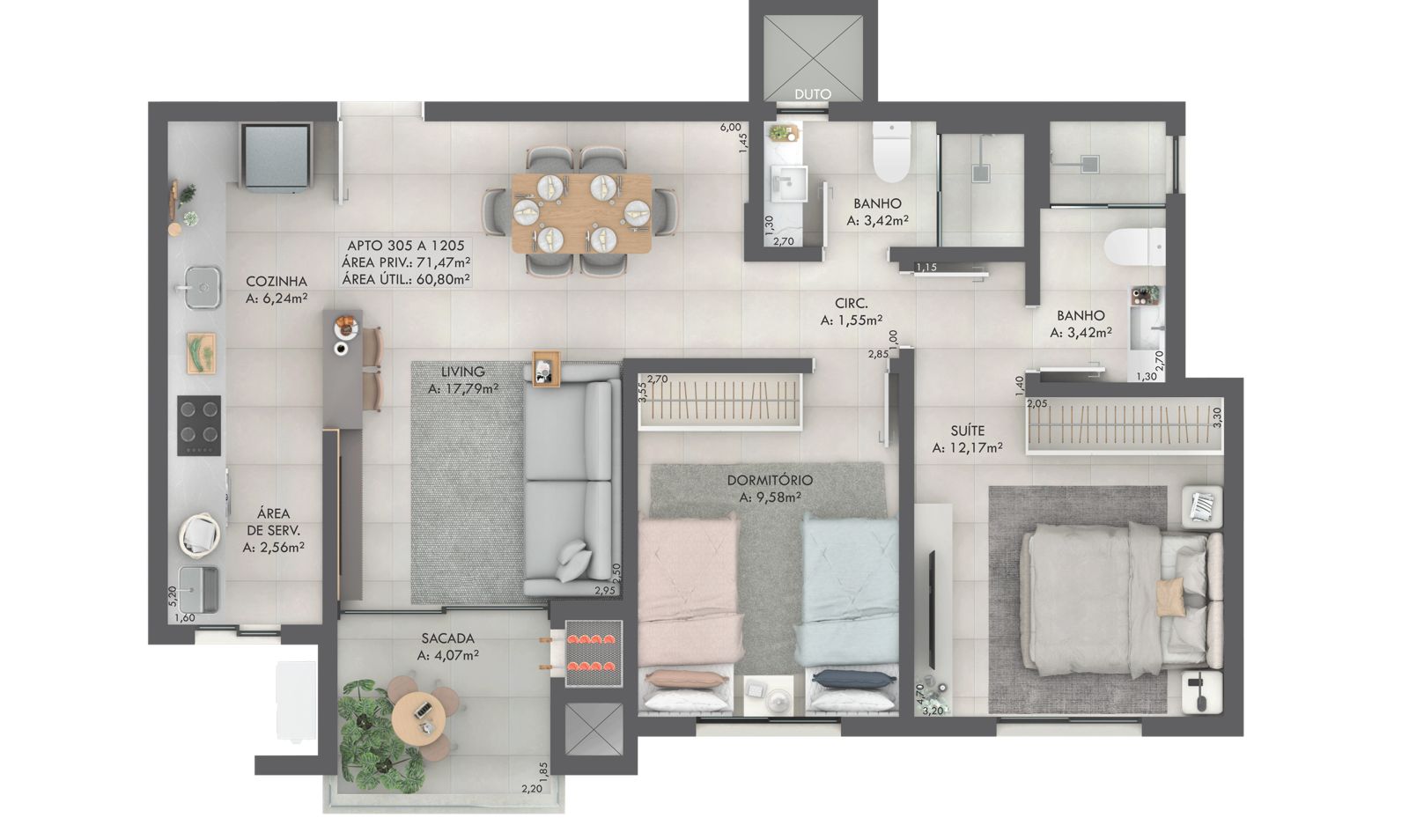 Planta Apto 305 a 1205, 71 m² do Gran Michel Residence