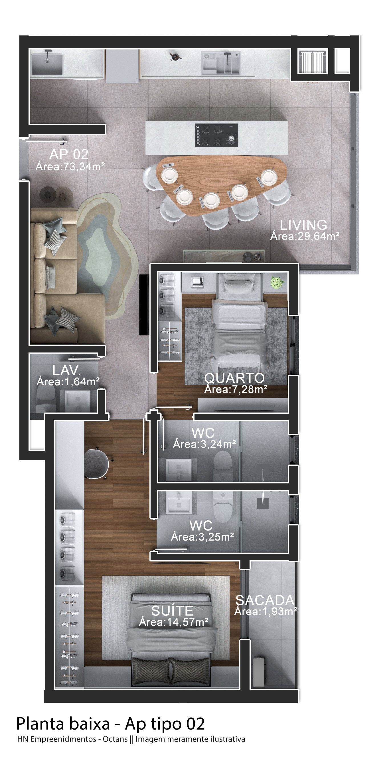 Planta Tipo 02, 73 m² do Edifício Octans