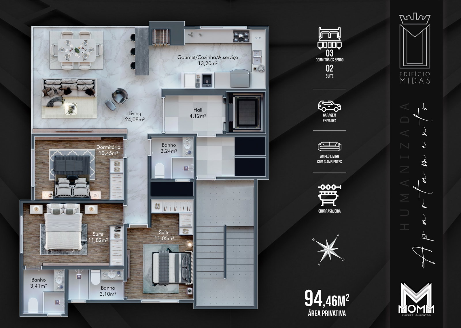 Planta 3 dormitórios · 2 suítes · 94 m² do Edifício Midas