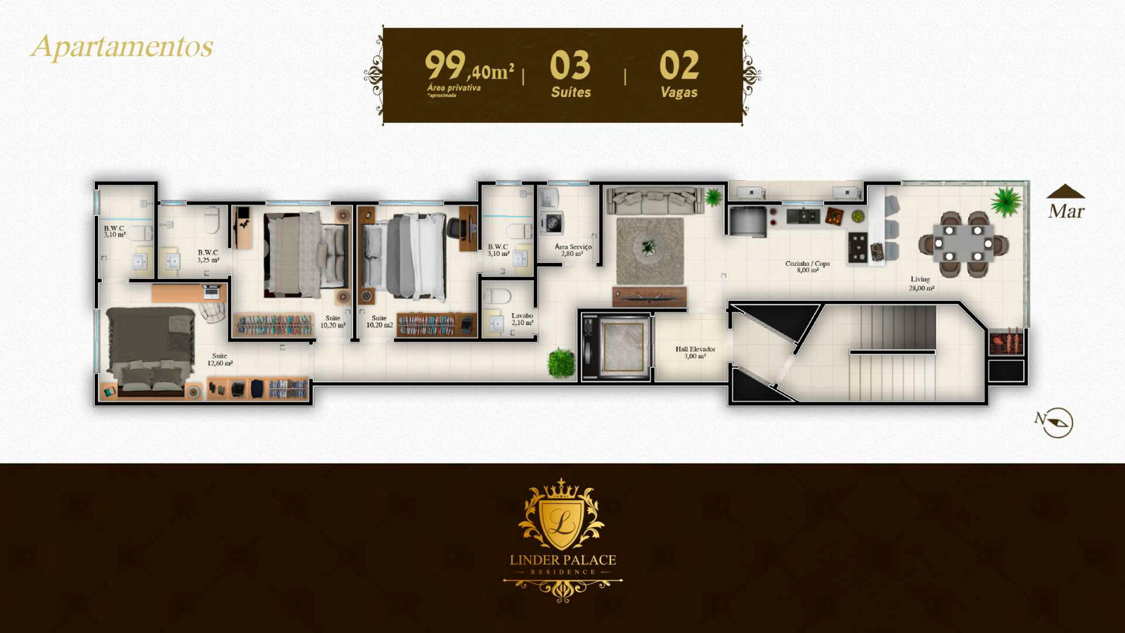 Planta 3 suítes · 99 m² do Linder Palace