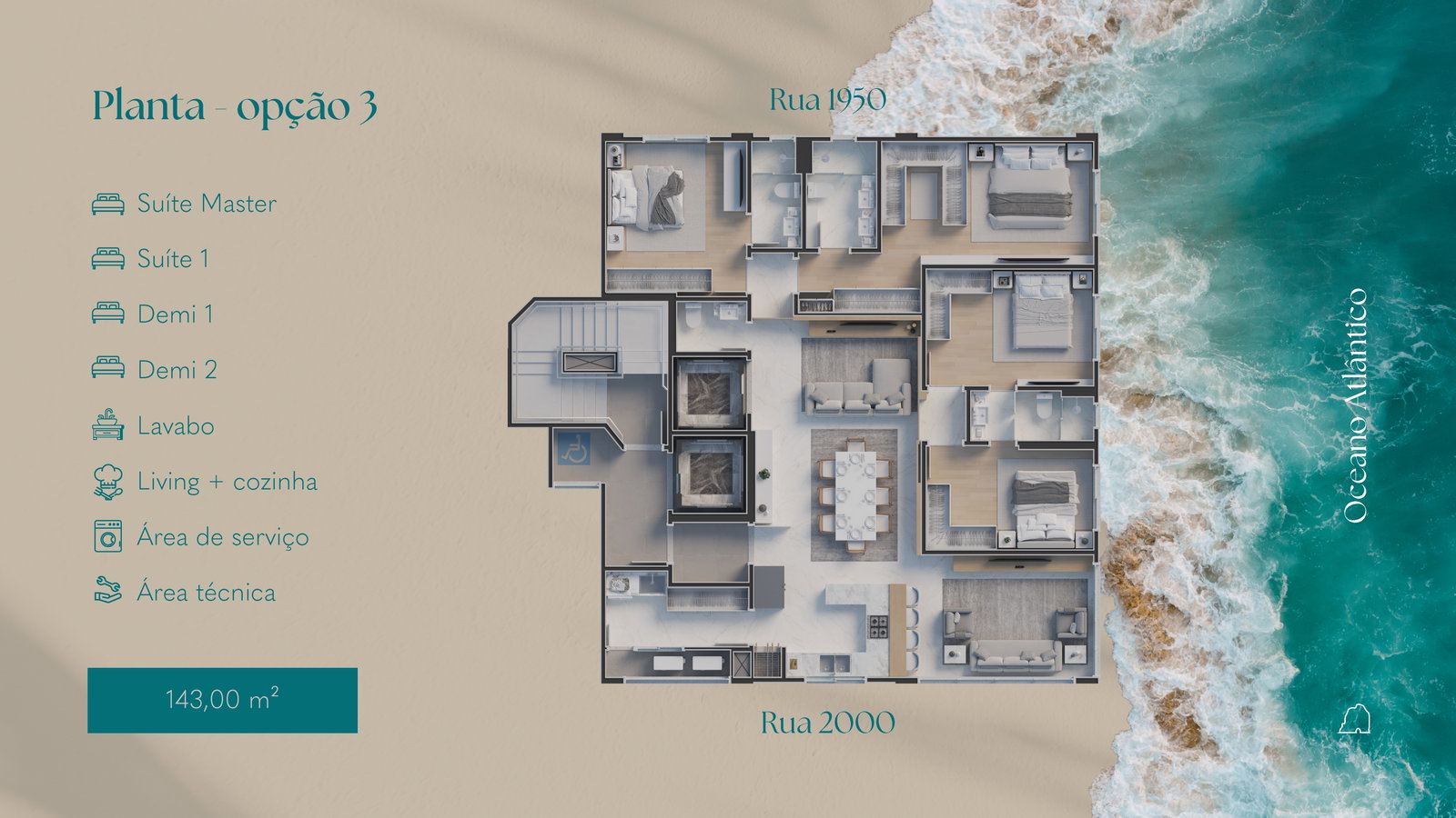 Planta opção 3, 4 dormitórios · 2 suítes · 143 m² do Isola di Capri