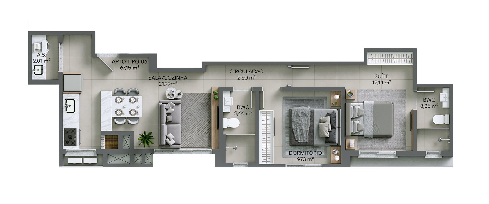 Planta Tipo 06, 67 m² do La Terrasse