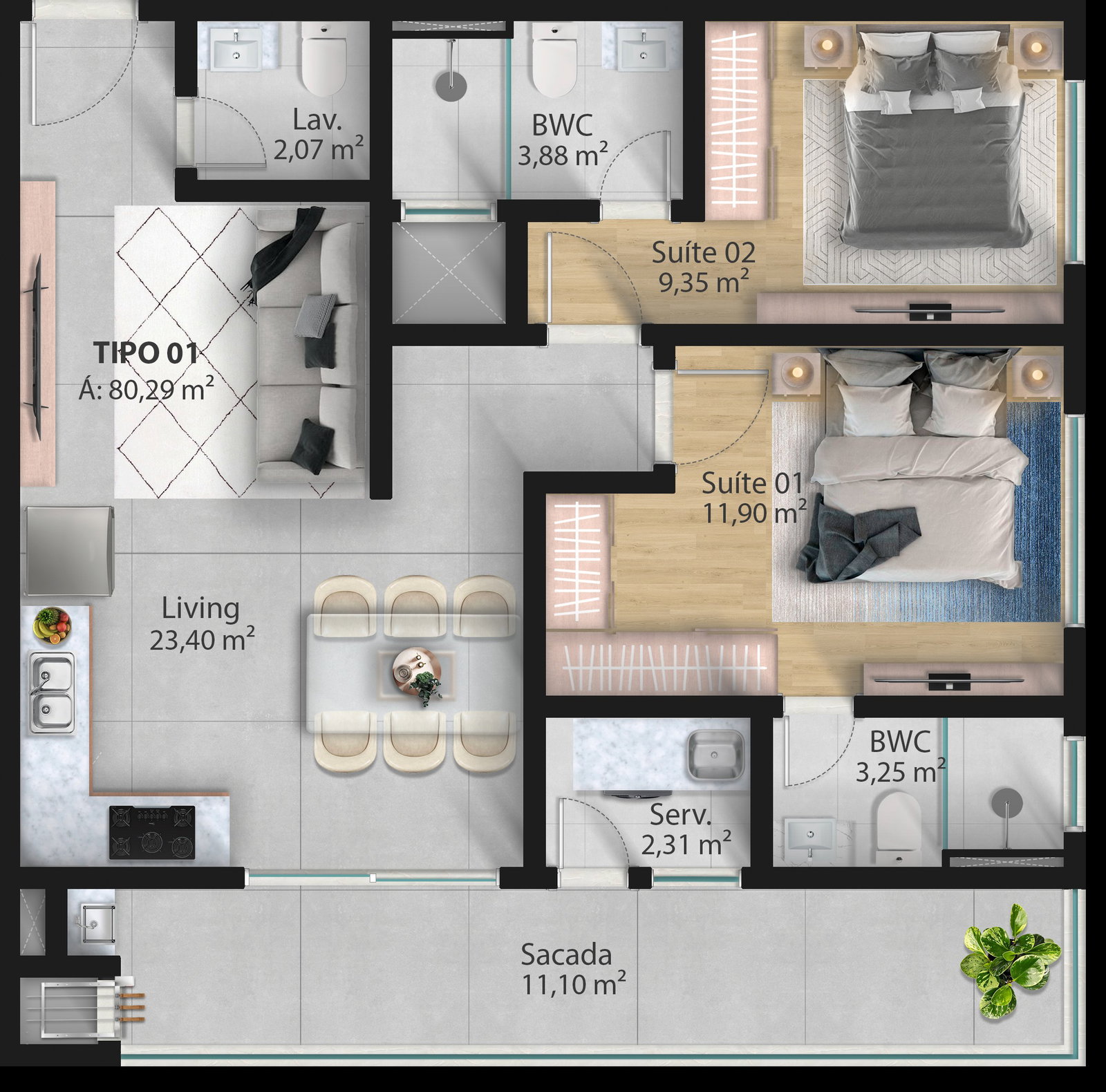 Planta Tipo 01, 80 m² do Infinity Residence