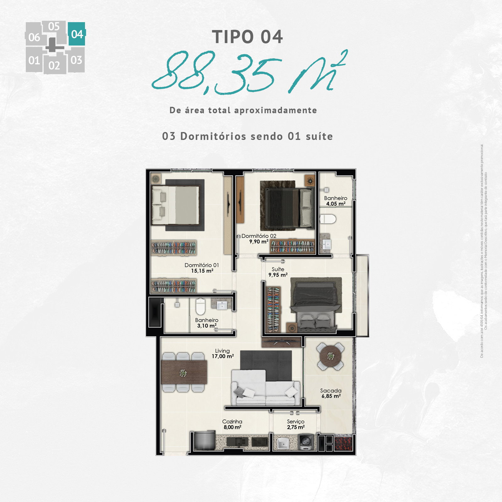 Planta Tipo 04, 3 dormitórios · 1 suíte · 88 m² do Fa Bene Residenza