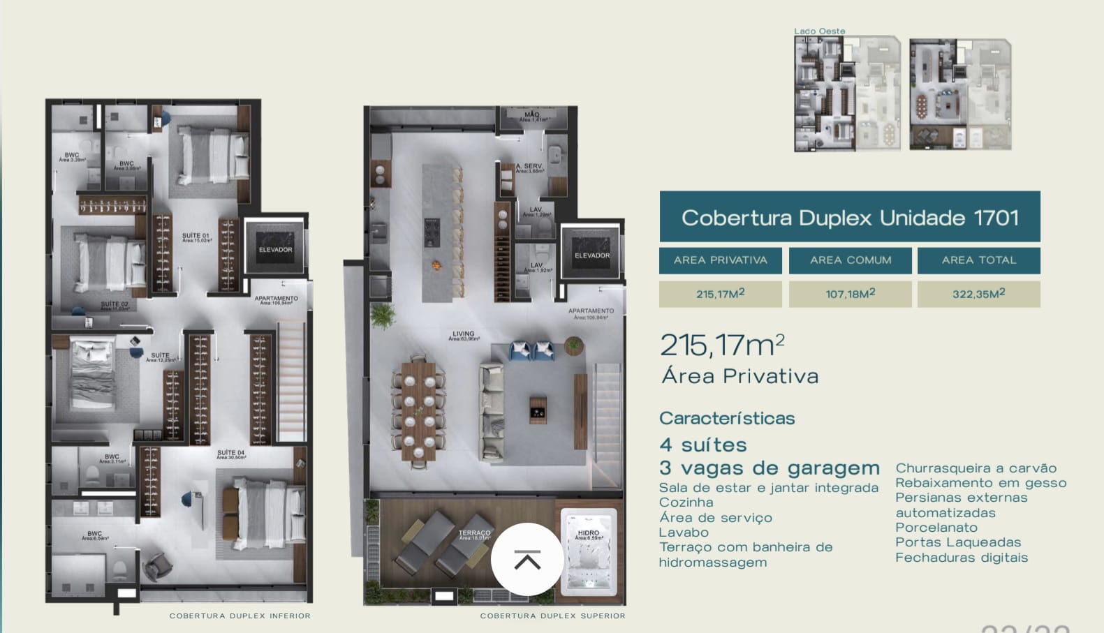 Planta Cobertura Duplex Unidade 1701, 4 dormitórios · 215 m² do Filipinas Residence