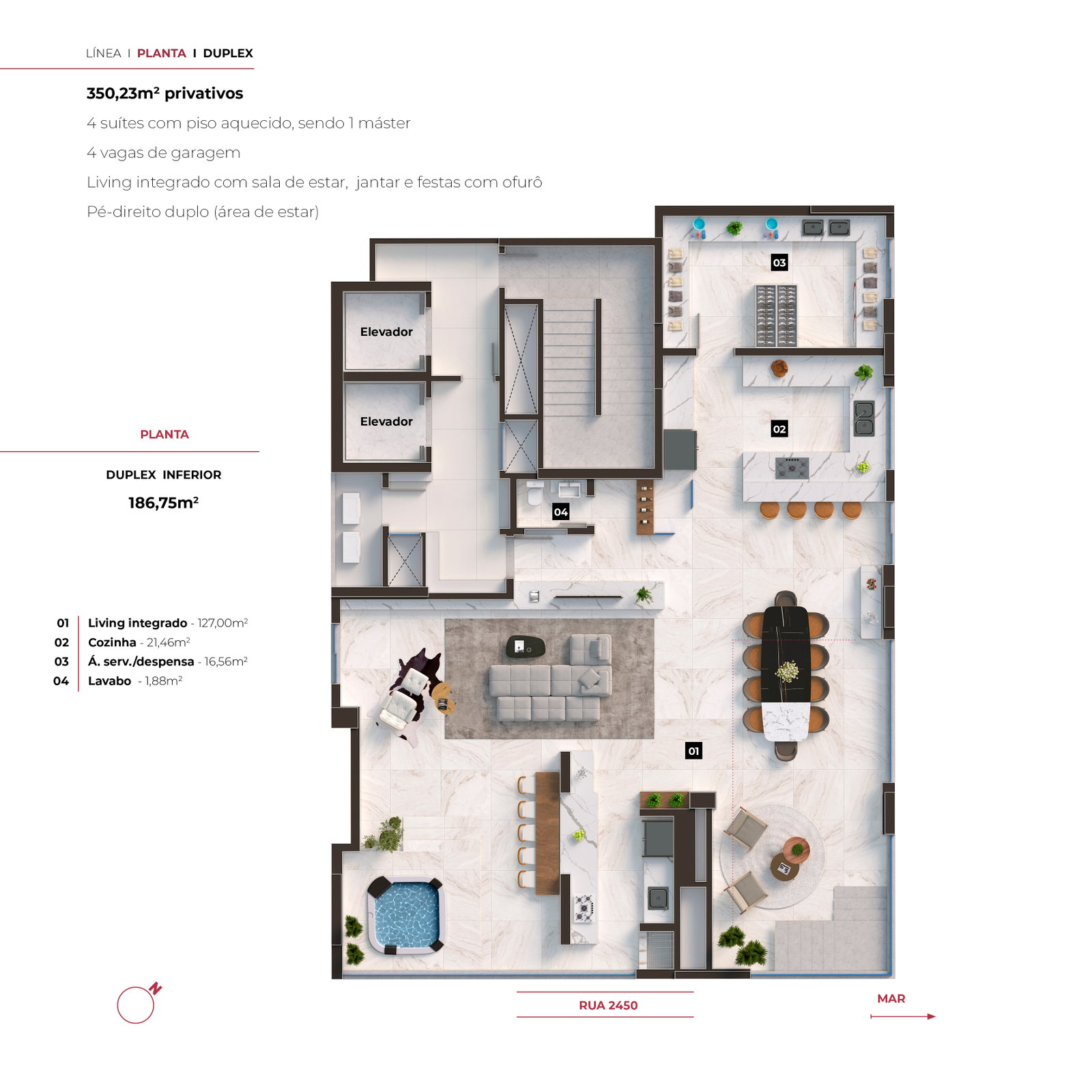Planta Duplex Inferior, 4 suítes · 187 m² do Línea
