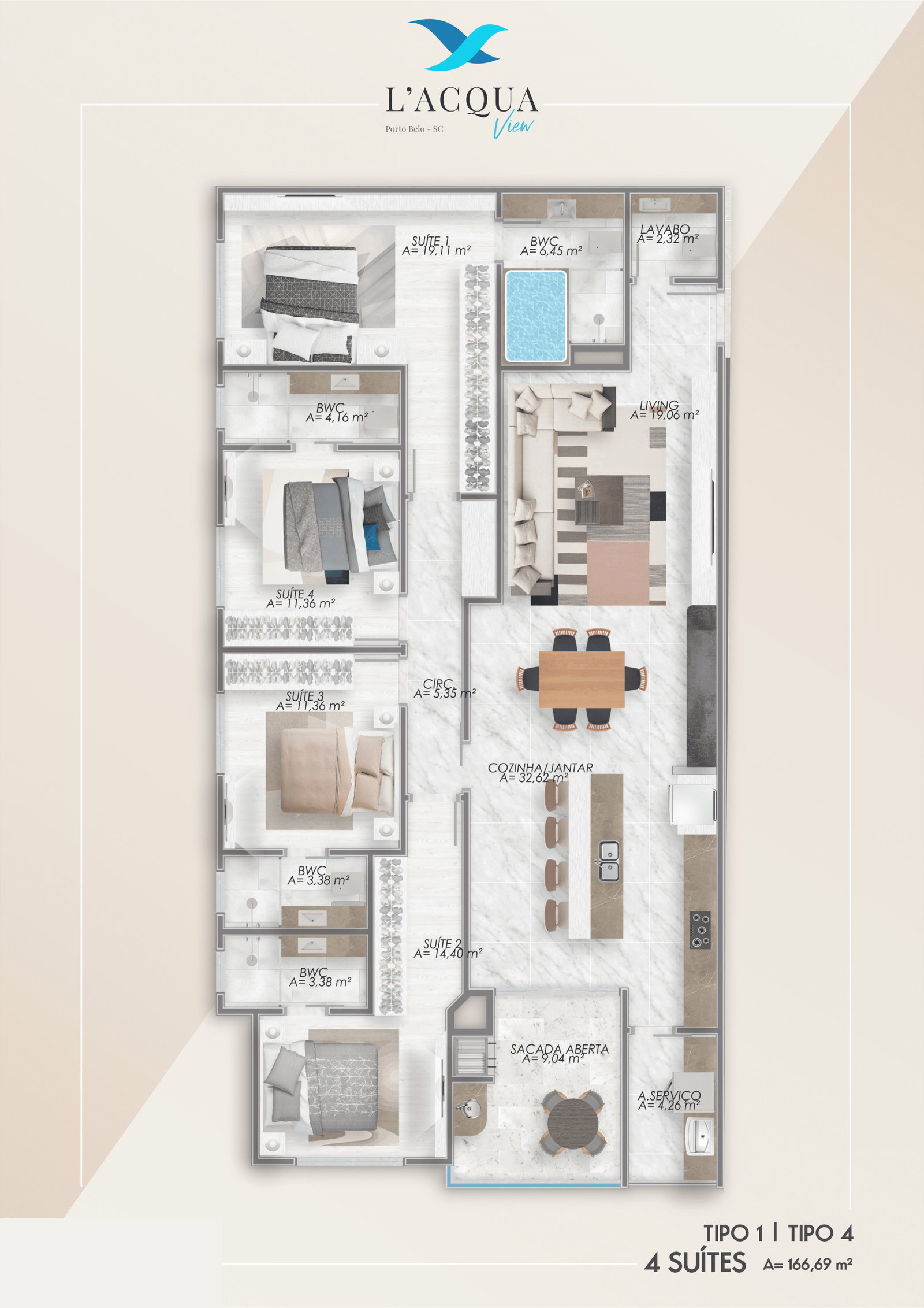 Planta Tipo 1 | Tipo 4, 4 suítes · 167 m² do L'Acqua View