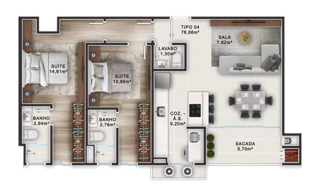 Planta Tipo 04 (1 de 2), 77 m² do Imperador