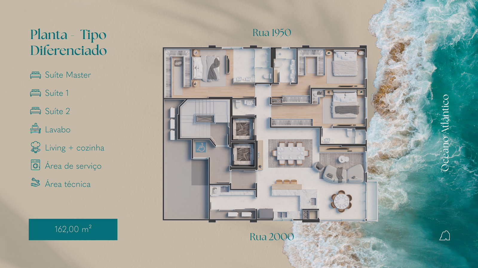 Planta Tipo Diferenciado, 3 suítes · 162 m² do Isola di Capri