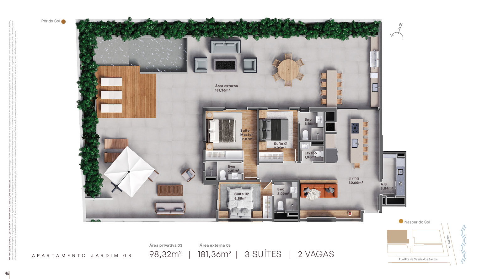 Planta Jardim 03, 3 suítes · 98 m² do Grant Vista